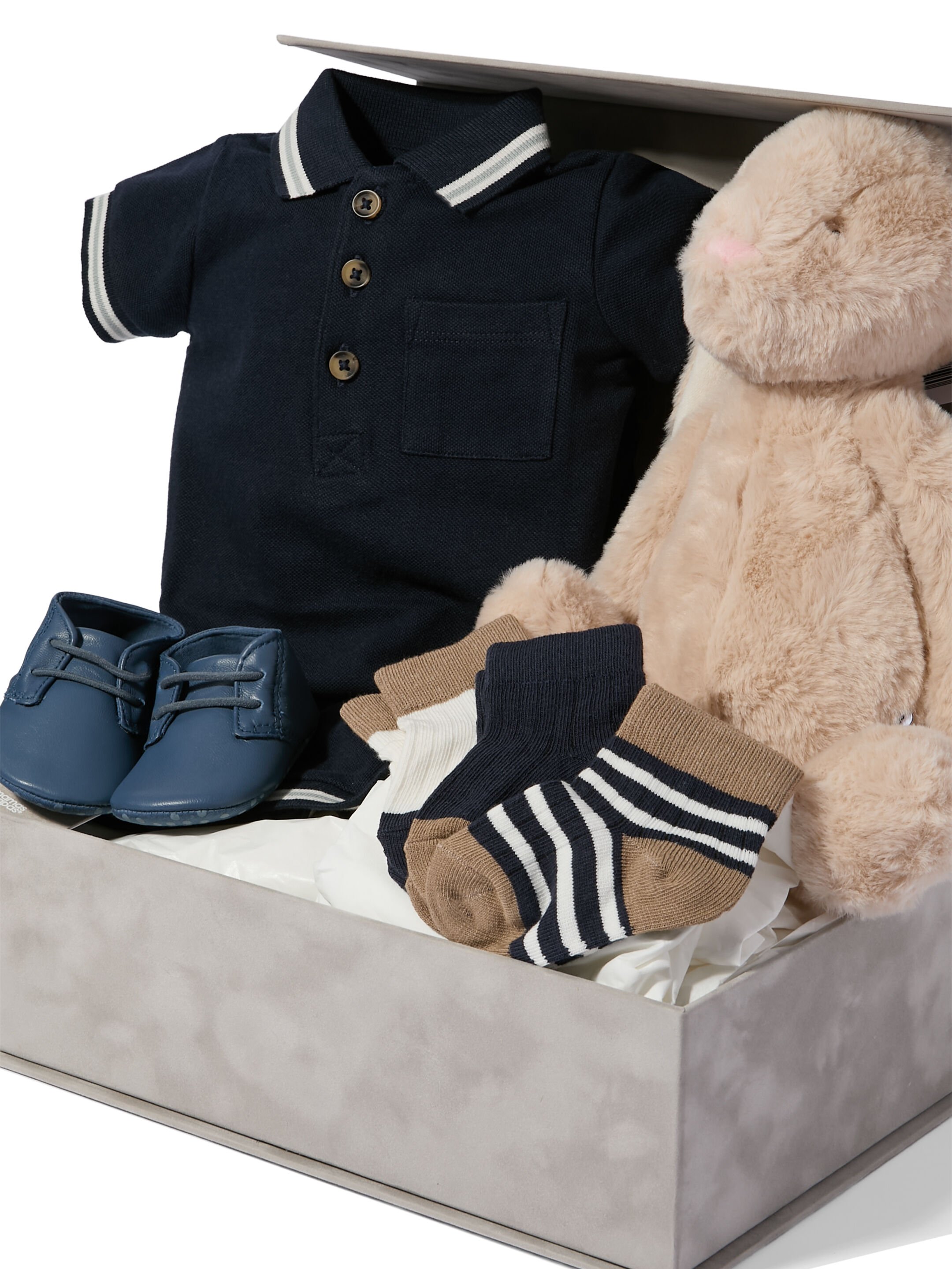 Polo Romper - 5 Piece Gift Set with Leather Pram Shoes and Soft Toy Tan Bunny image number 2